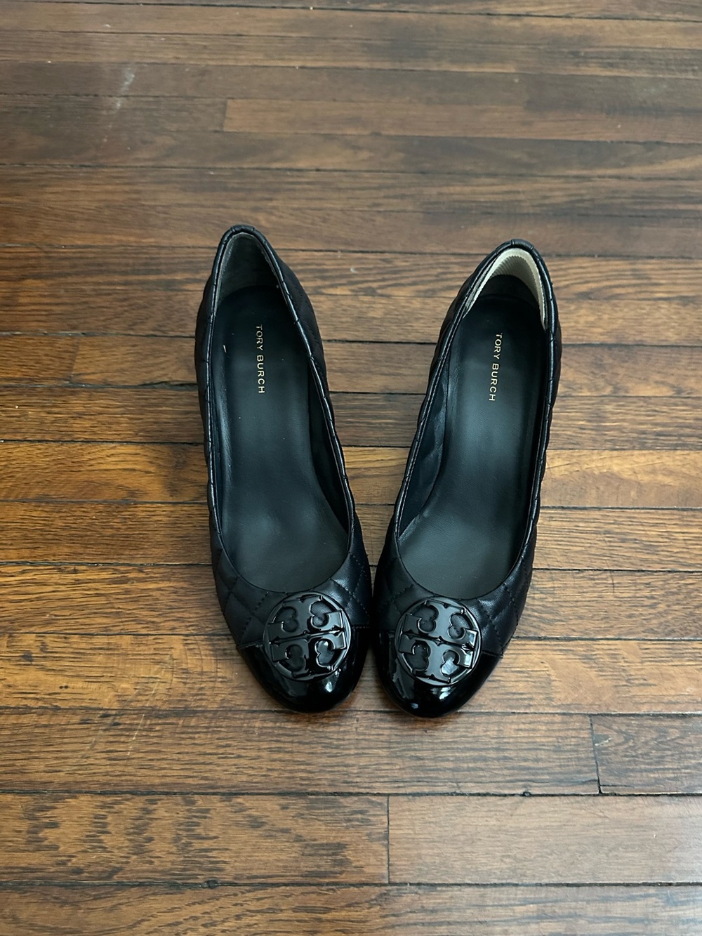 Tory Burch Black Quilted Leather Ballet Flats with Logo Medallion